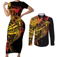 Gradient Marquesas Islands Couples Matching Short Sleeve Bodycon Dress and Long Sleeve Button Shirt Marquesan Matatiki Hammerhead Shark Patutiki - Polynesian Pride