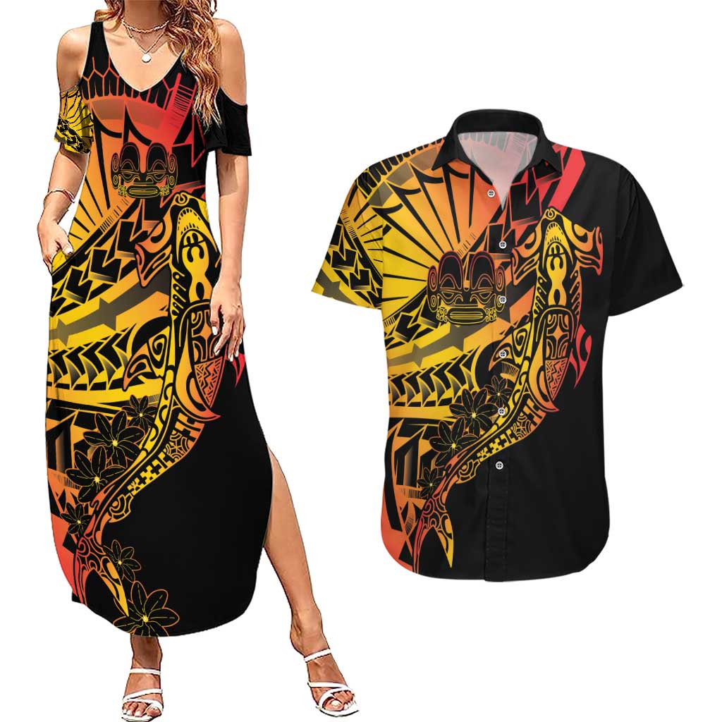 Gradient Marquesas Islands Couples Matching Summer Maxi Dress and Hawaiian Shirt Marquesan Matatiki Hammerhead Shark Patutiki - Polynesian Pride