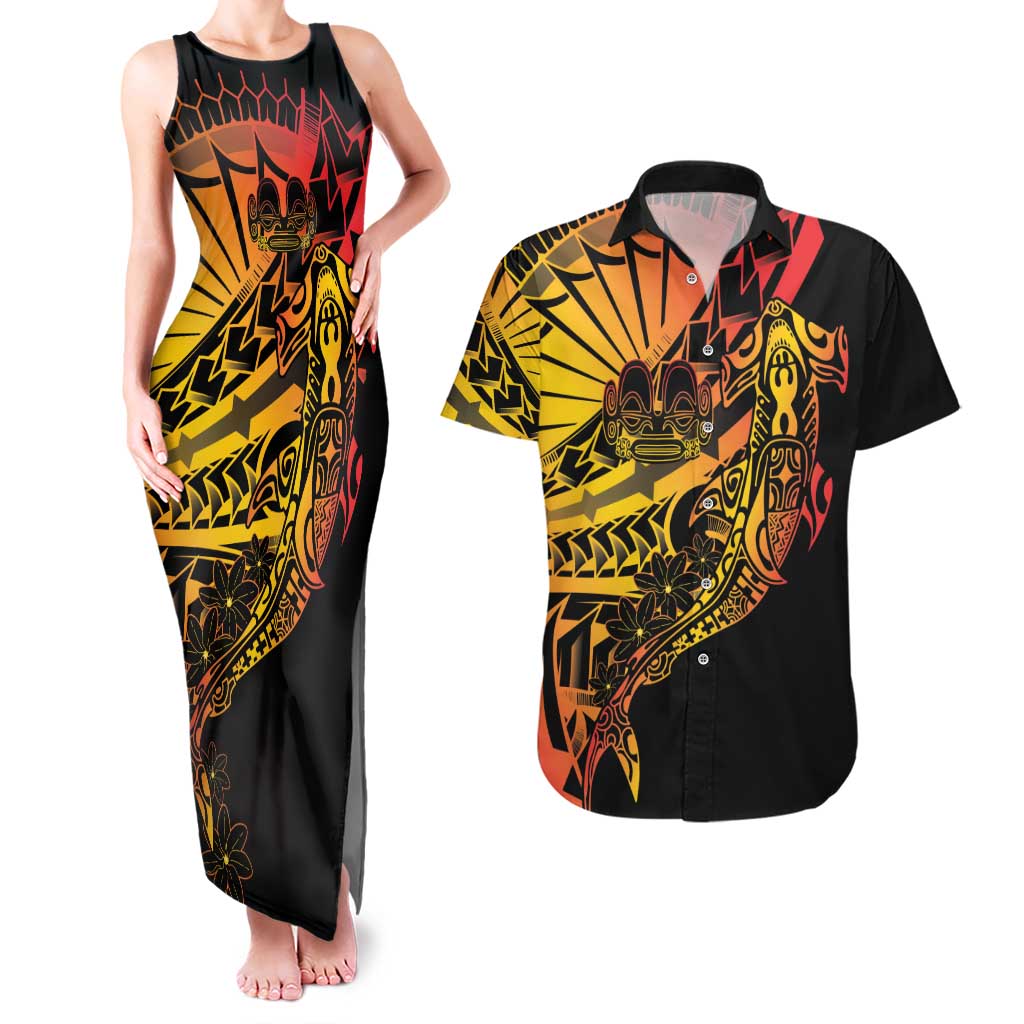 Gradient Marquesas Islands Couples Matching Tank Maxi Dress and Hawaiian Shirt Marquesan Matatiki Hammerhead Shark Patutiki - Polynesian Pride