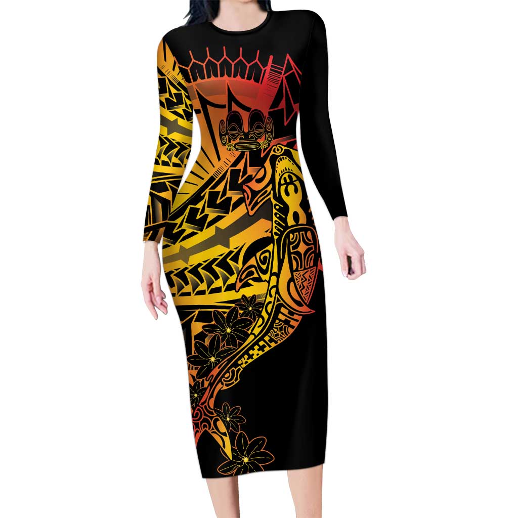 Gradient Marquesas Islands Family Matching Long Sleeve Bodycon Dress and Hawaiian Shirt Marquesan Matatiki Hammerhead Shark Patutiki - Polynesian Pride