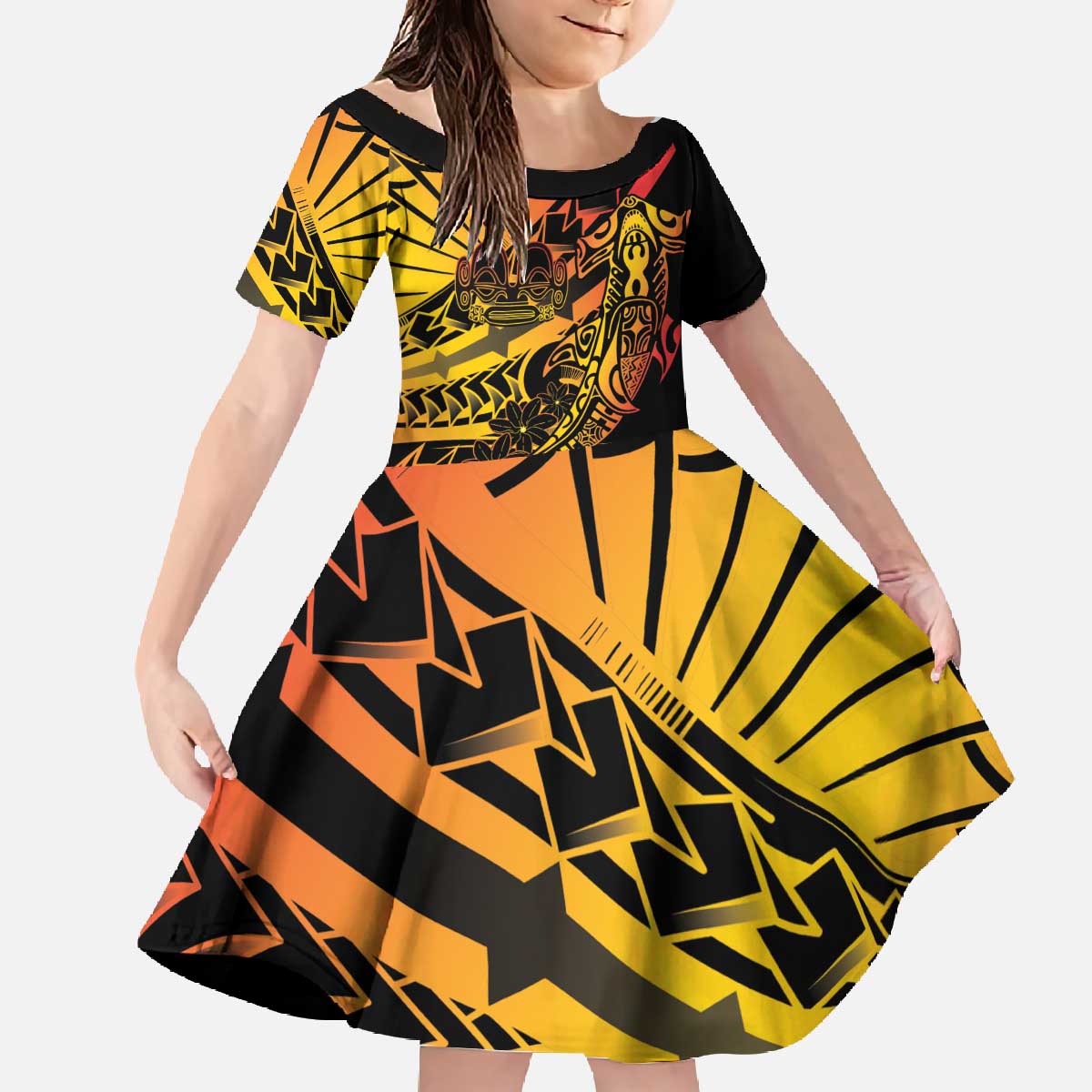 Gradient Marquesas Islands Family Matching Off The Shoulder Long Sleeve Dress and Hawaiian Shirt Marquesan Matatiki Hammerhead Shark Patutiki - Polynesian Pride