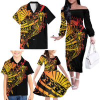 Gradient Marquesas Islands Family Matching Off The Shoulder Long Sleeve Dress and Hawaiian Shirt Marquesan Matatiki Hammerhead Shark Patutiki - Polynesian Pride