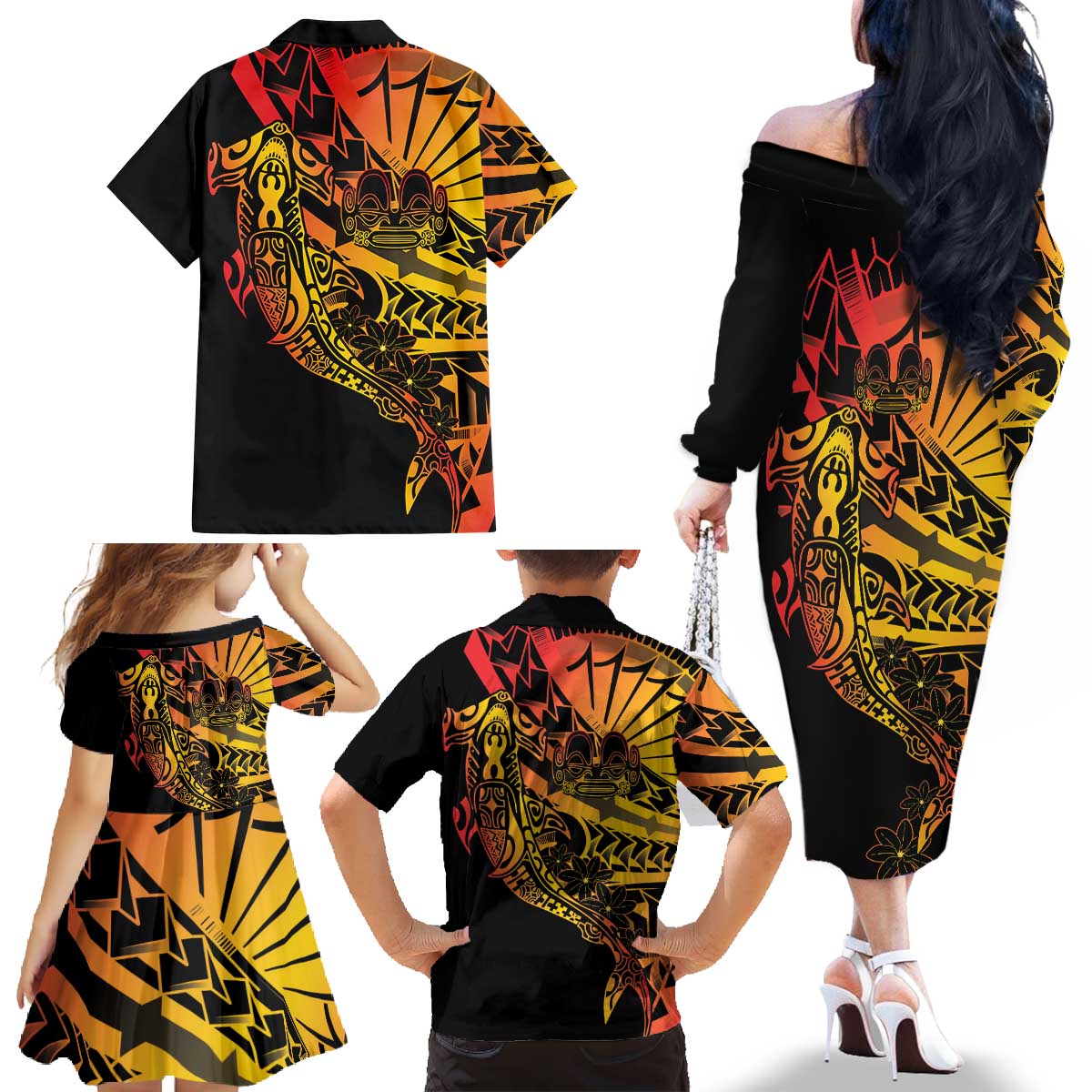 Gradient Marquesas Islands Family Matching Off The Shoulder Long Sleeve Dress and Hawaiian Shirt Marquesan Matatiki Hammerhead Shark Patutiki - Polynesian Pride