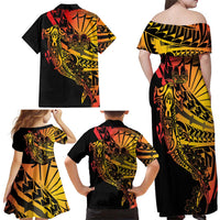 Gradient Marquesas Islands Family Matching Off Shoulder Maxi Dress and Hawaiian Shirt Marquesan Matatiki Hammerhead Shark Patutiki - Polynesian Pride