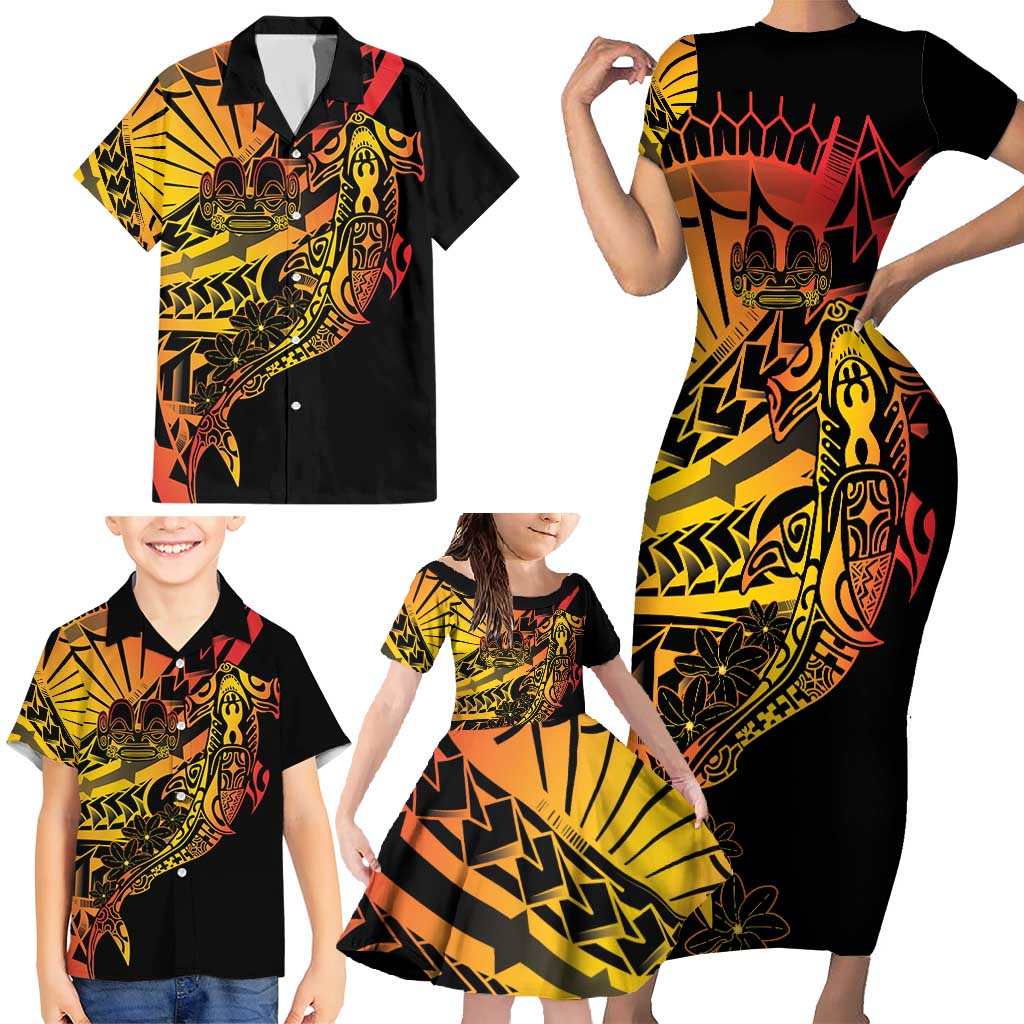 Gradient Marquesas Islands Family Matching Short Sleeve Bodycon Dress and Hawaiian Shirt Marquesan Matatiki Hammerhead Shark Patutiki - Polynesian Pride