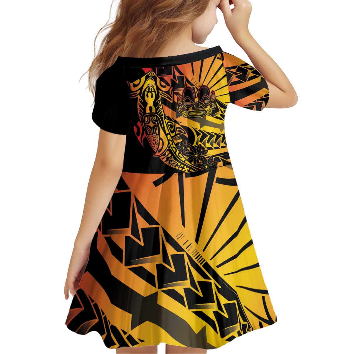 Gradient Marquesas Islands Kid Short Sleeve Dress Marquesan Matatiki Hammerhead Shark Patutiki - Polynesian Pride