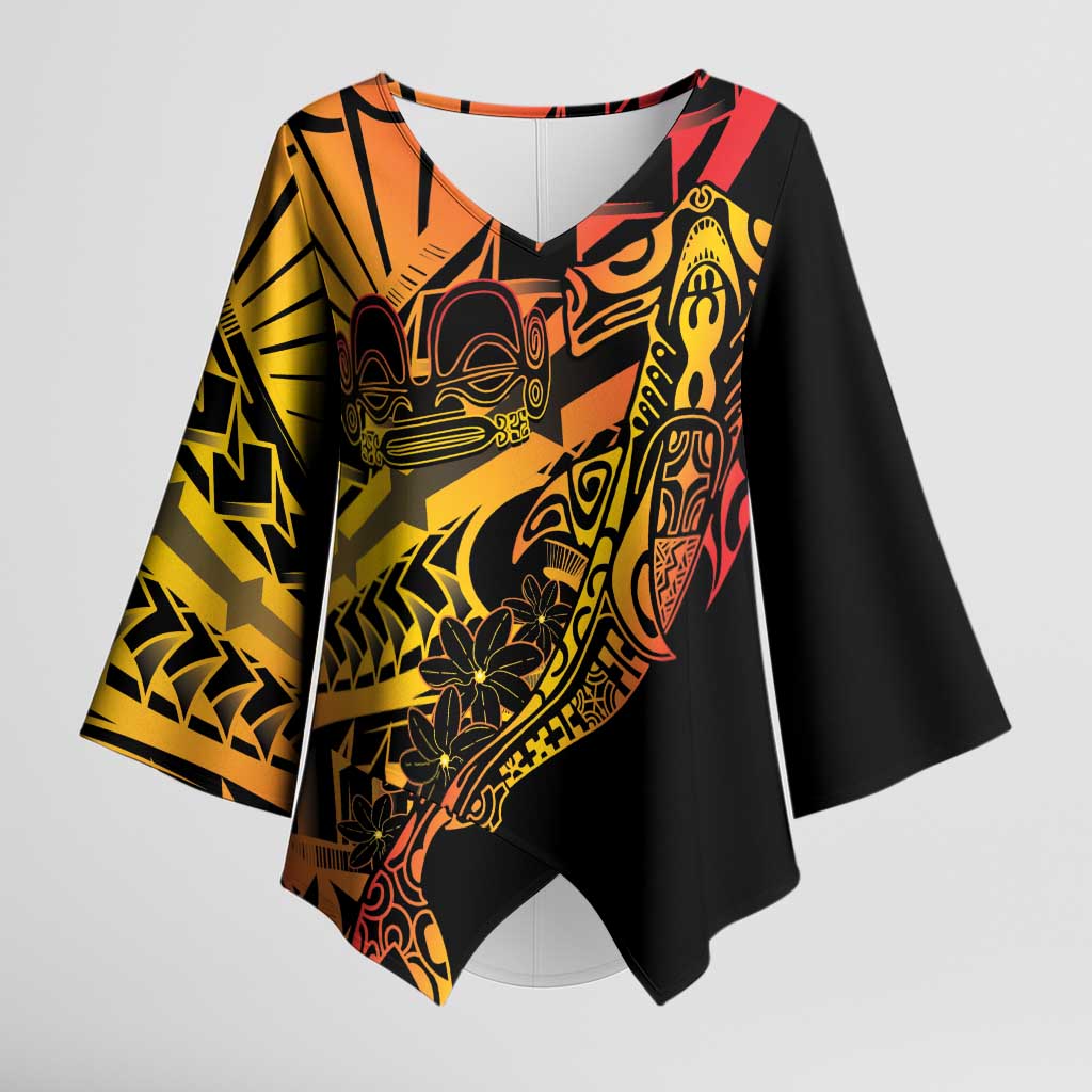 Gradient Marquesas Islands Kimono Sleeve Blouse Marquesan Matatiki Hammerhead Shark Patutiki - Polynesian Pride