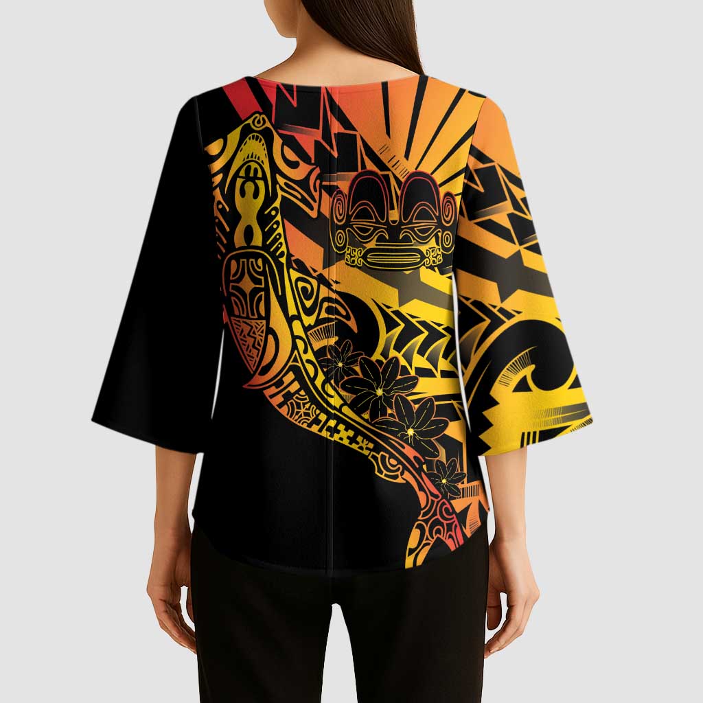 Gradient Marquesas Islands Kimono Sleeve Blouse Marquesan Matatiki Hammerhead Shark Patutiki - Polynesian Pride