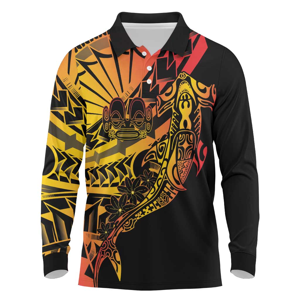 Gradient Marquesas Islands Long Sleeve Polo Shirt Marquesan Matatiki Hammerhead Shark Patutiki - Polynesian Pride