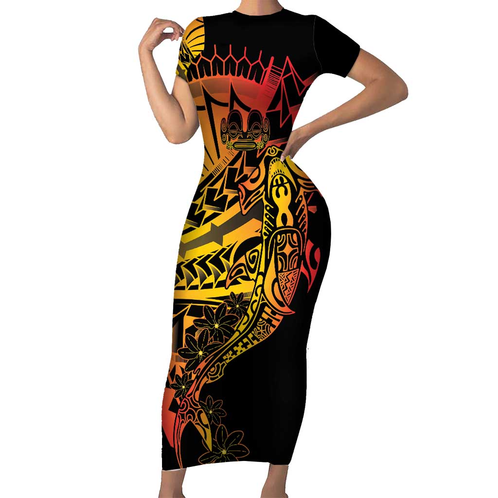 Gradient Marquesas Islands Short Sleeve Bodycon Dress Marquesan Matatiki Hammerhead Shark Patutiki - Polynesian Pride