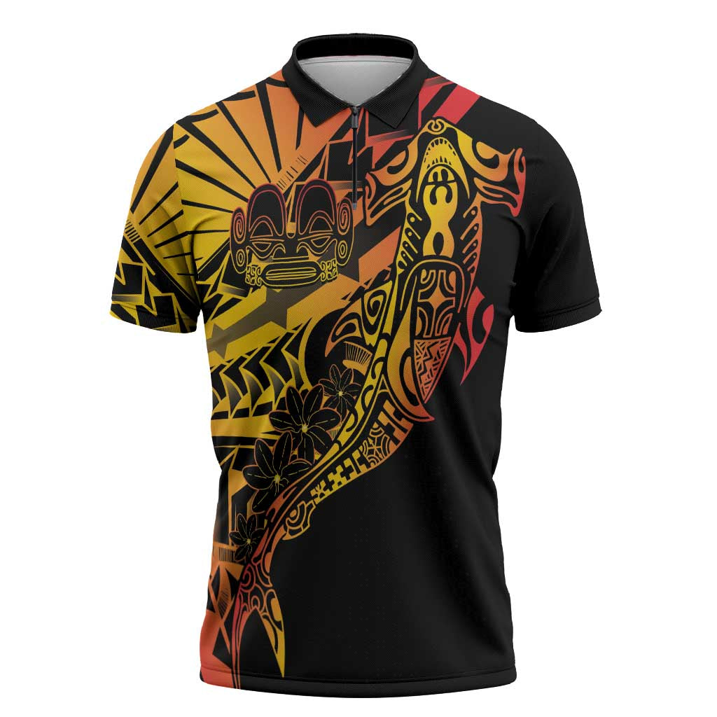 Gradient Marquesas Islands Zipper Polo Shirt Marquesan Matatiki Hammerhead Shark Patutiki - Polynesian Pride