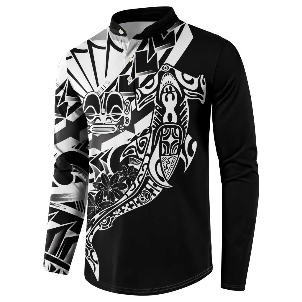 Black White Marquesas Islands Button Sweatshirt Marquesan Matatiki Hammerhead Shark Patutiki - Polynesian Pride