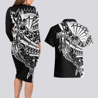 Black White Marquesas Islands Couples Matching Long Sleeve Bodycon Dress and Hawaiian Shirt Marquesan Matatiki Hammerhead Shark Patutiki - Polynesian Pride