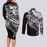 Black White Marquesas Islands Couples Matching Long Sleeve Bodycon Dress and Long Sleeve Button Shirt Marquesan Matatiki Hammerhead Shark Patutiki - Polynesian Pride