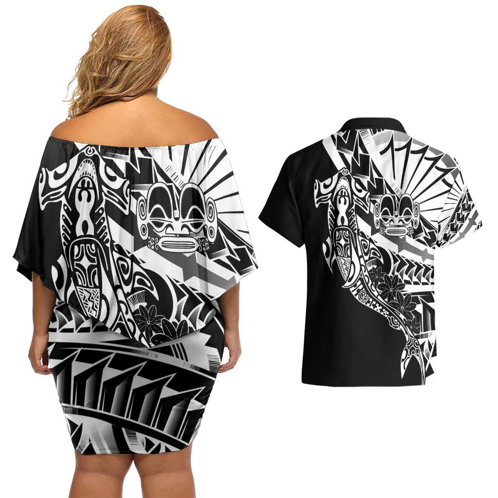 Black White Marquesas Islands Couples Matching Off Shoulder Short Dress and Hawaiian Shirt Marquesan Matatiki Hammerhead Shark Patutiki - Polynesian Pride