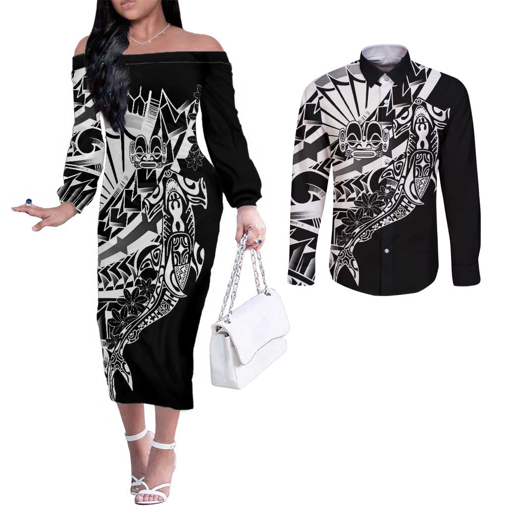 Black White Marquesas Islands Couples Matching Off The Shoulder Long Sleeve Dress and Long Sleeve Button Shirt Marquesan Matatiki Hammerhead Shark Patutiki - Polynesian Pride