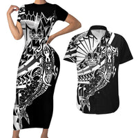 Black White Marquesas Islands Couples Matching Short Sleeve Bodycon Dress and Hawaiian Shirt Marquesan Matatiki Hammerhead Shark Patutiki - Polynesian Pride