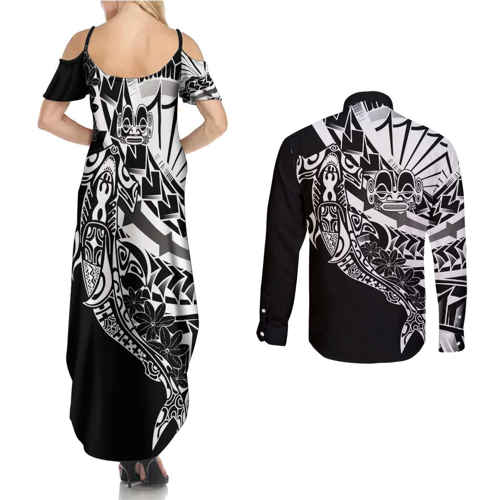 Black White Marquesas Islands Couples Matching Summer Maxi Dress and Long Sleeve Button Shirt Marquesan Matatiki Hammerhead Shark Patutiki - Polynesian Pride