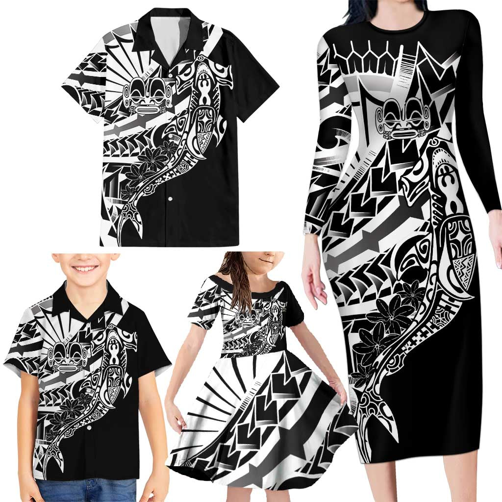 Black White Marquesas Islands Family Matching Long Sleeve Bodycon Dress and Hawaiian Shirt Marquesan Matatiki Hammerhead Shark Patutiki - Polynesian Pride