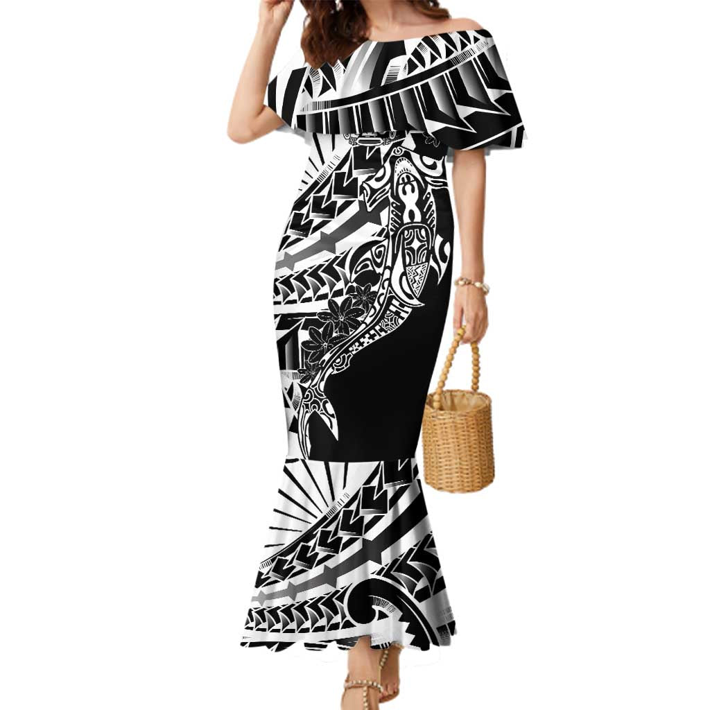 Black White Marquesas Islands Family Matching Mermaid Dress and Hawaiian Shirt Marquesan Matatiki Hammerhead Shark Patutiki - Polynesian Pride