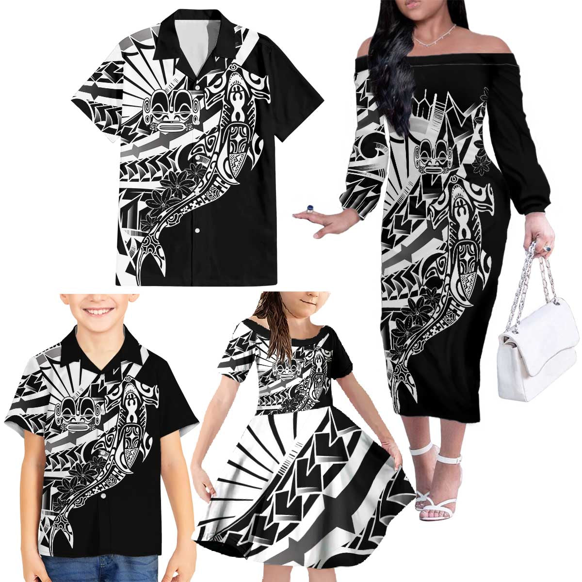 Black White Marquesas Islands Family Matching Off The Shoulder Long Sleeve Dress and Hawaiian Shirt Marquesan Matatiki Hammerhead Shark Patutiki - Polynesian Pride
