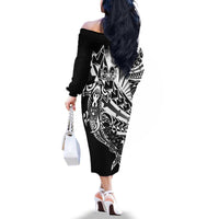 Black White Marquesas Islands Family Matching Off The Shoulder Long Sleeve Dress and Hawaiian Shirt Marquesan Matatiki Hammerhead Shark Patutiki - Polynesian Pride