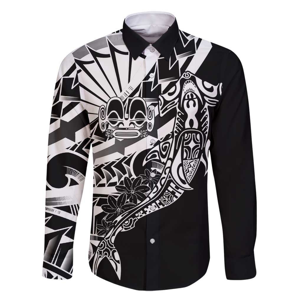 Black White Marquesas Islands Family Matching Off Shoulder Maxi Dress and Hawaiian Shirt Marquesan Matatiki Hammerhead Shark Patutiki - Polynesian Pride