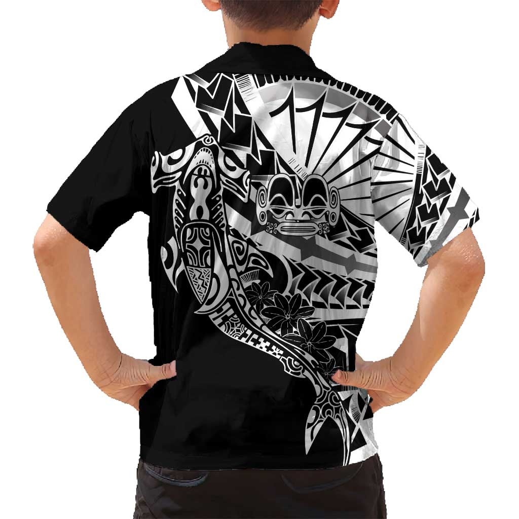 Black White Marquesas Islands Family Matching Off Shoulder Short Dress and Hawaiian Shirt Marquesan Matatiki Hammerhead Shark Patutiki - Polynesian Pride