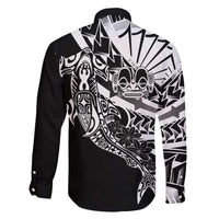 Black White Marquesas Islands Family Matching Off Shoulder Short Dress and Hawaiian Shirt Marquesan Matatiki Hammerhead Shark Patutiki - Polynesian Pride