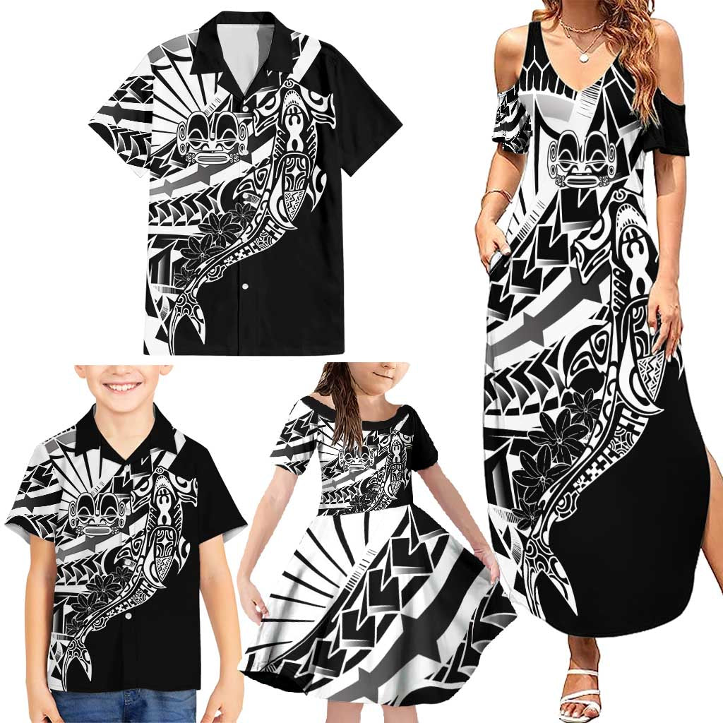 Black White Marquesas Islands Family Matching Summer Maxi Dress and Hawaiian Shirt Marquesan Matatiki Hammerhead Shark Patutiki - Polynesian Pride
