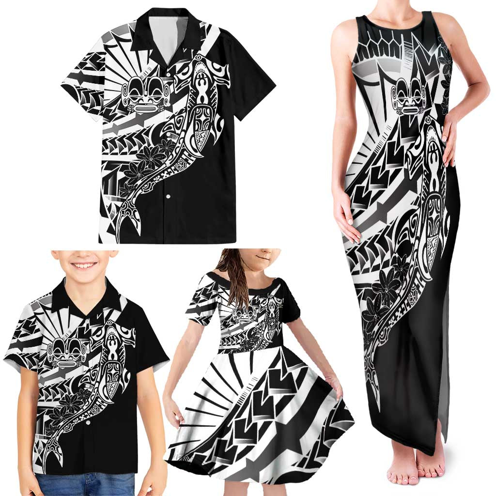 Black White Marquesas Islands Family Matching Tank Maxi Dress and Hawaiian Shirt Marquesan Matatiki Hammerhead Shark Patutiki - Polynesian Pride