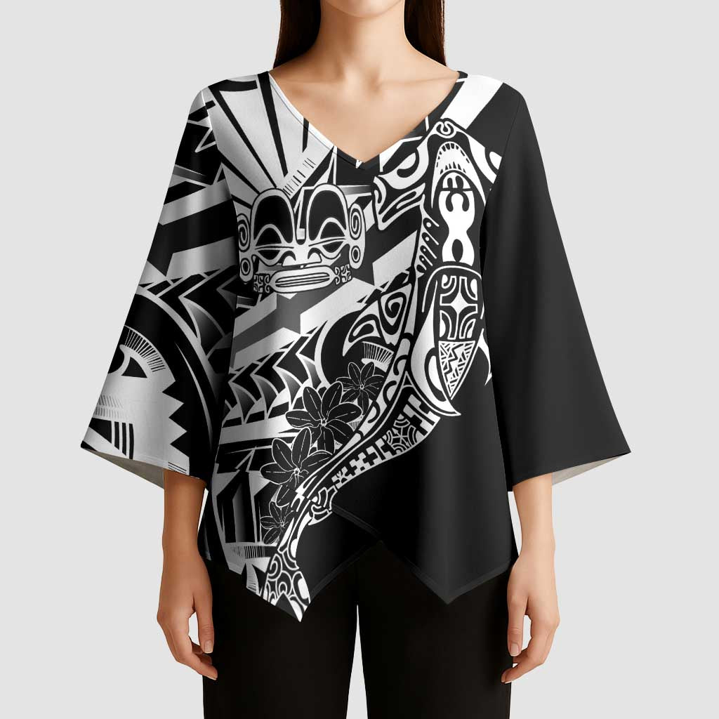 Black White Marquesas Islands Kimono Sleeve Blouse Marquesan Matatiki Hammerhead Shark Patutiki - Polynesian Pride