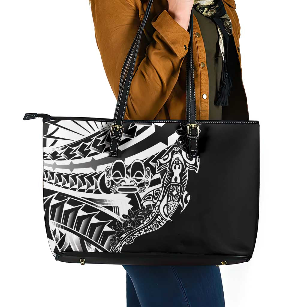 Black White Marquesas Islands Leather Tote Bag Marquesan Matatiki Hammerhead Shark Patutiki - Polynesian Pride