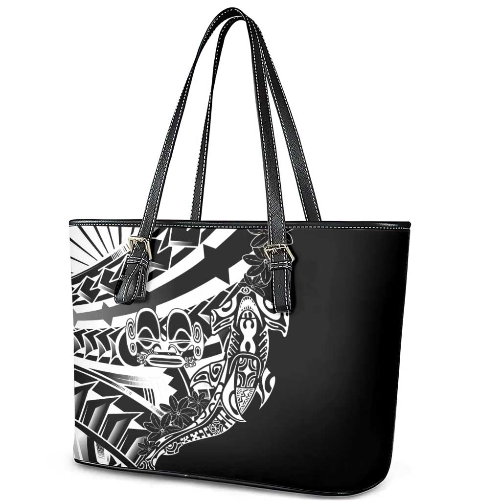 Black White Marquesas Islands Leather Tote Bag Marquesan Matatiki Hammerhead Shark Patutiki - Polynesian Pride