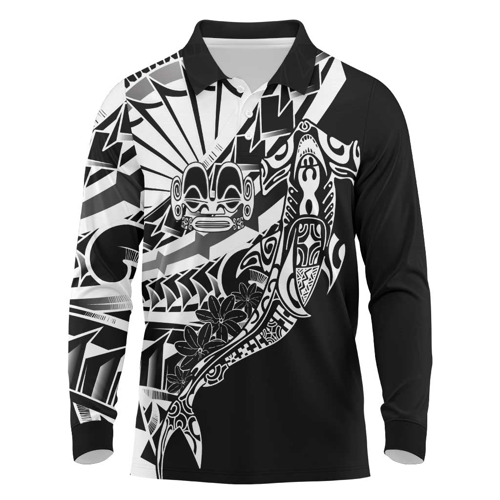 Black White Marquesas Islands Long Sleeve Polo Shirt Marquesan Matatiki Hammerhead Shark Patutiki - Polynesian Pride
