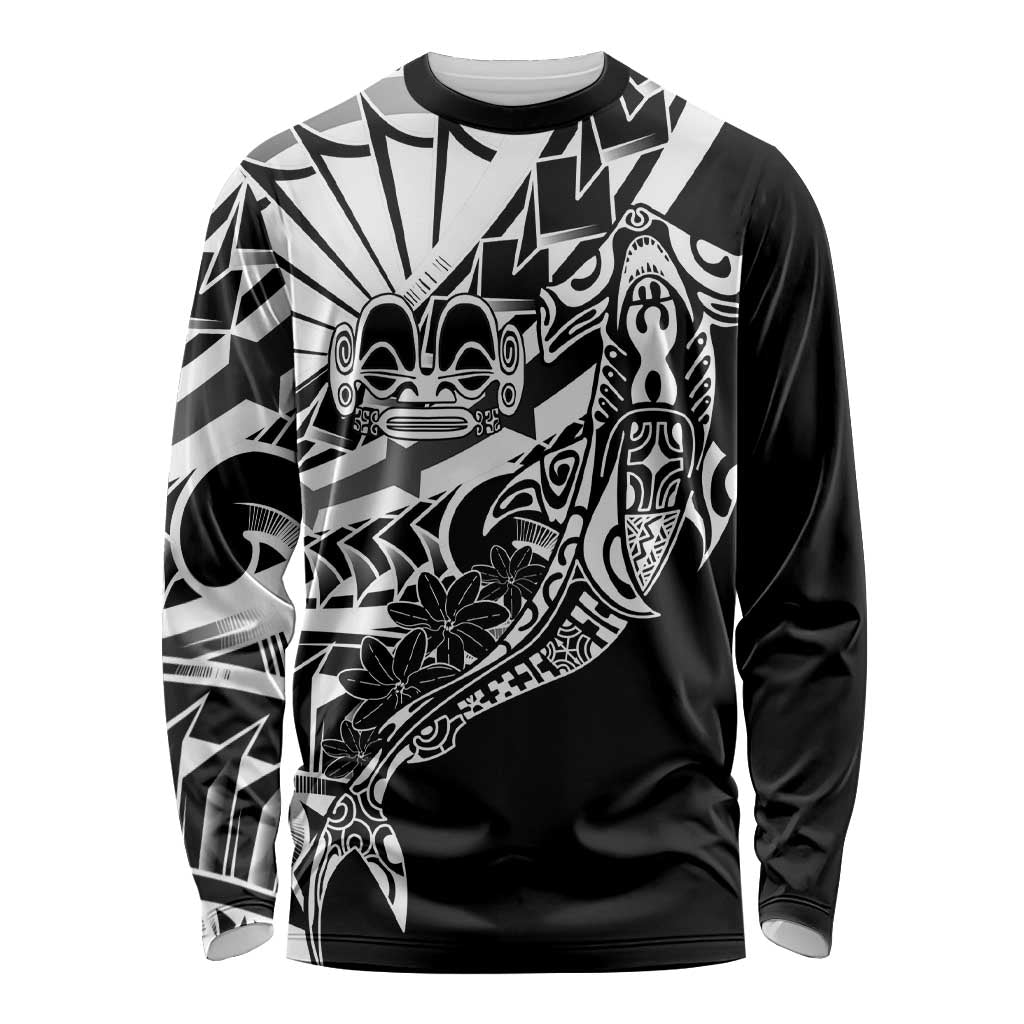 Black White Marquesas Islands Long Sleeve Shirt Marquesan Matatiki Hammerhead Shark Patutiki - Polynesian Pride