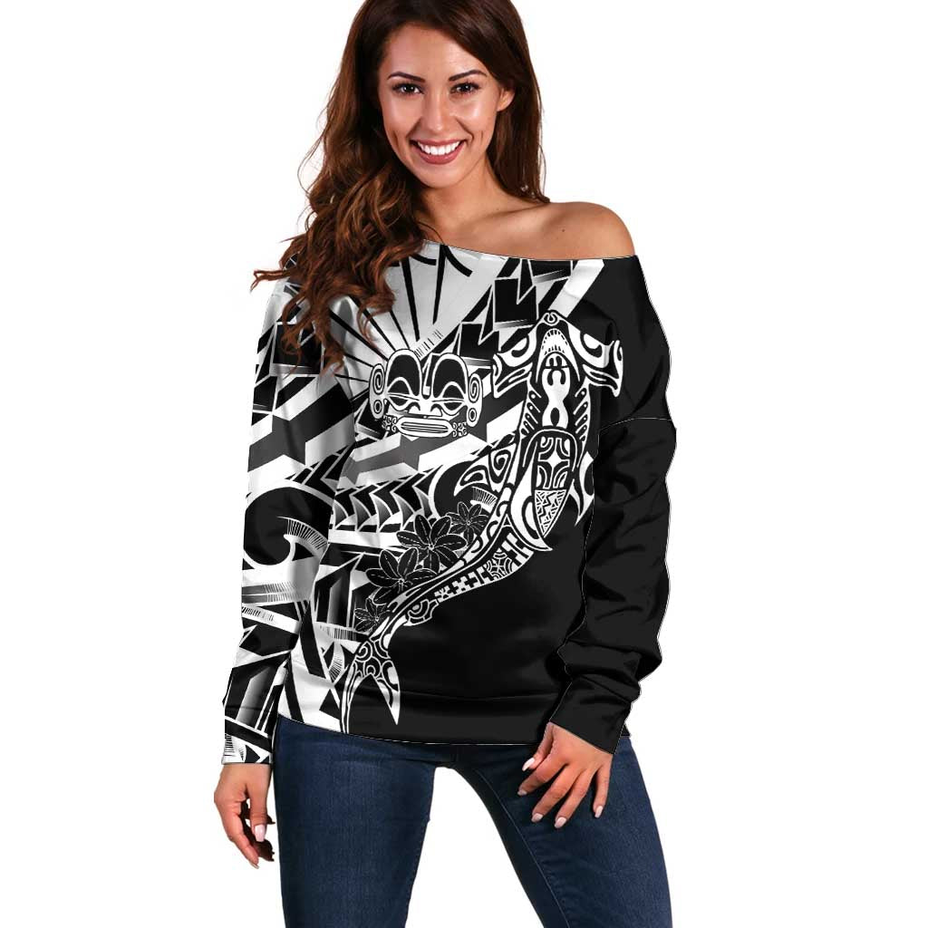 Black White Marquesas Islands Off Shoulder Sweater Marquesan Matatiki Hammerhead Shark Patutiki - Polynesian Pride