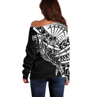 Black White Marquesas Islands Off Shoulder Sweater Marquesan Matatiki Hammerhead Shark Patutiki - Polynesian Pride