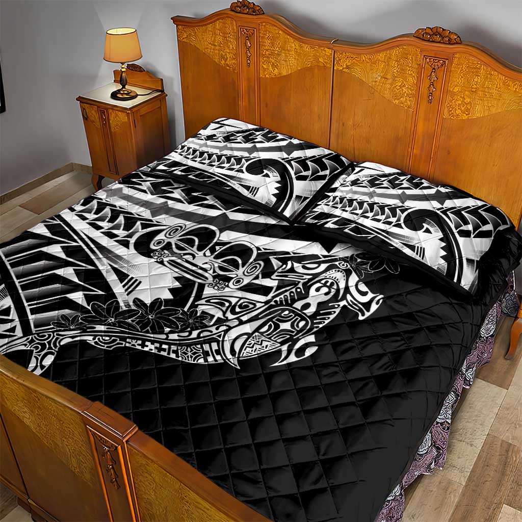 Black White Marquesas Islands Quilt Bed Set Marquesan Matatiki Hammerhead Shark Patutiki - Polynesian Pride