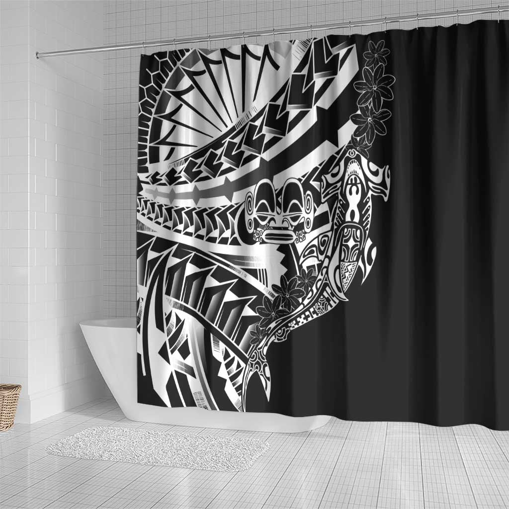 Black White Marquesas Islands Shower Curtain Marquesan Matatiki Hammerhead Shark Patutiki - Polynesian Pride