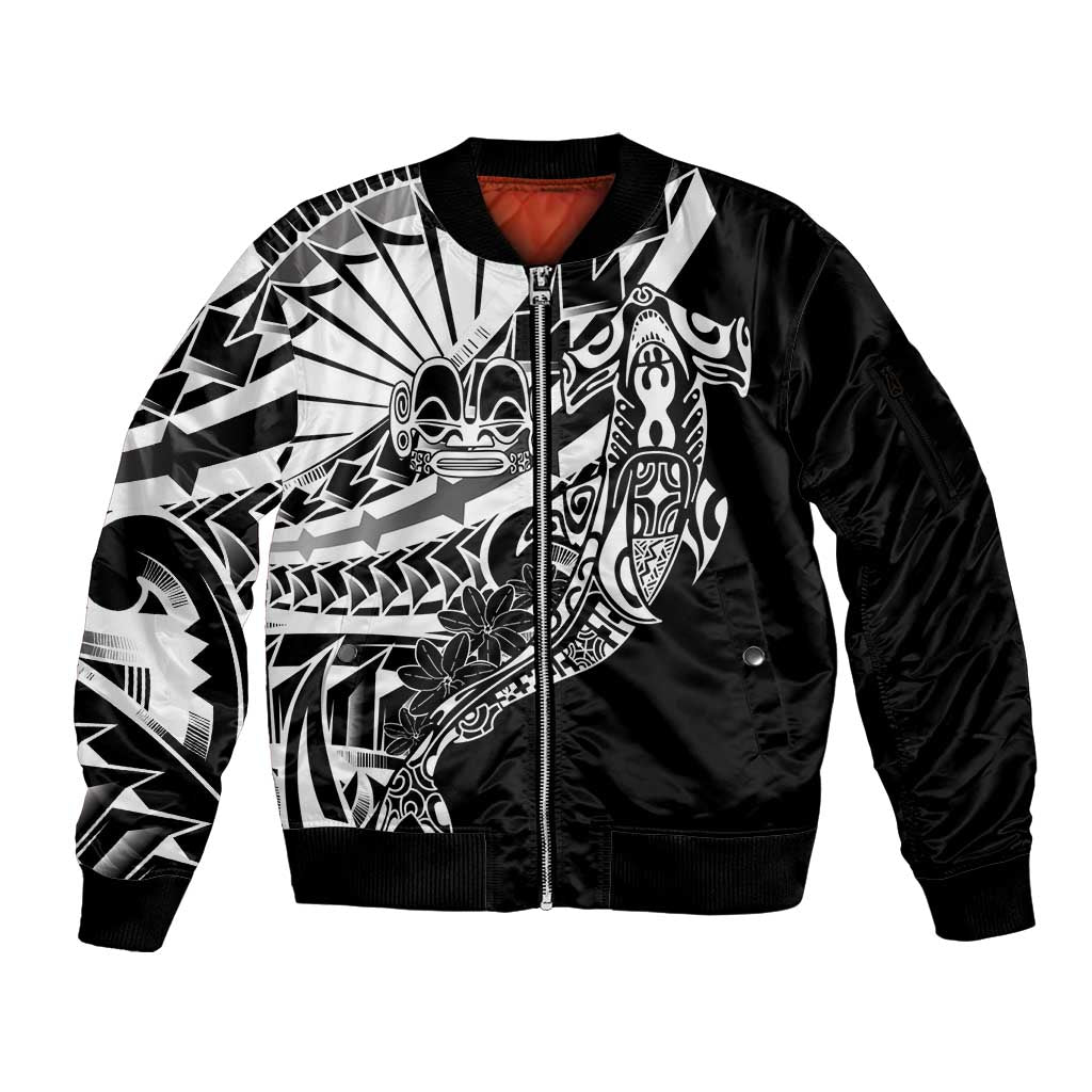 Black White Marquesas Islands Sleeve Zip Bomber Jacket Marquesan Matatiki Hammerhead Shark Patutiki - Polynesian Pride