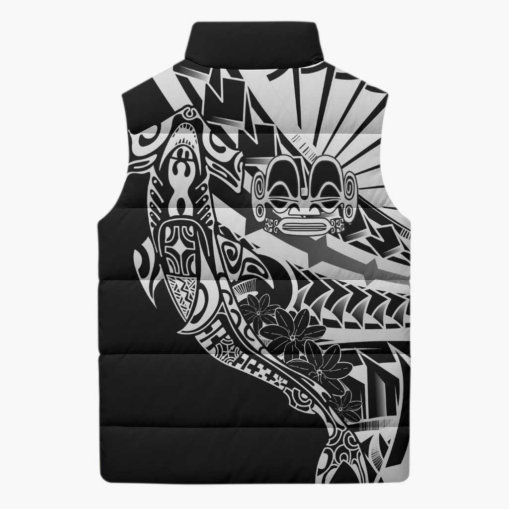 Black White Marquesas Islands Sleeveless Puffer Jacket Marquesan Matatiki Hammerhead Shark Patutiki - Polynesian Pride
