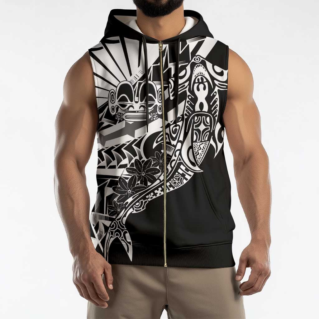 Black White Marquesas Islands Sleeveless Zip Hoodie Marquesan Matatiki Hammerhead Shark Patutiki - Polynesian Pride