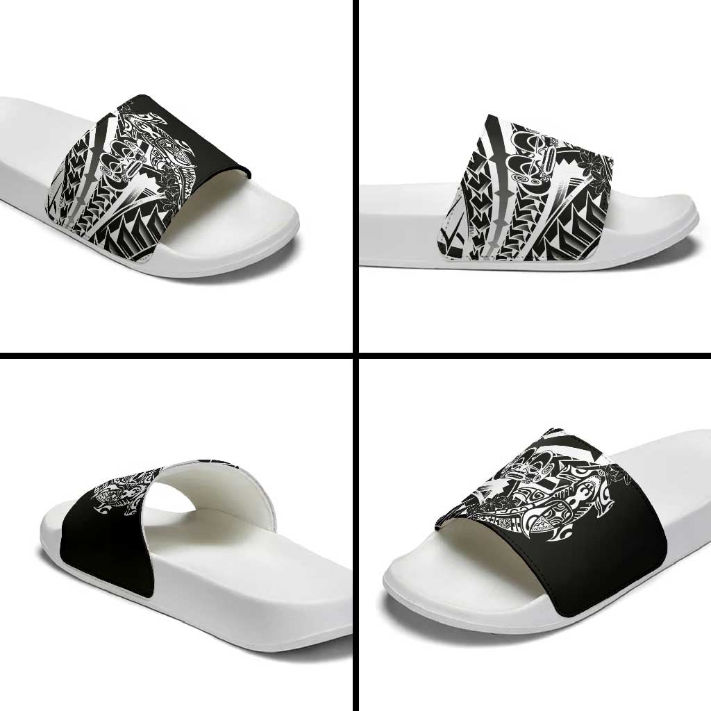 Black White Marquesas Islands Slide Sandals Marquesan Matatiki Hammerhead Shark Patutiki - Polynesian Pride