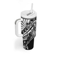 Black White Marquesas Islands Tumbler With Handle Marquesan Matatiki Hammerhead Shark Patutiki - Polynesian Pride