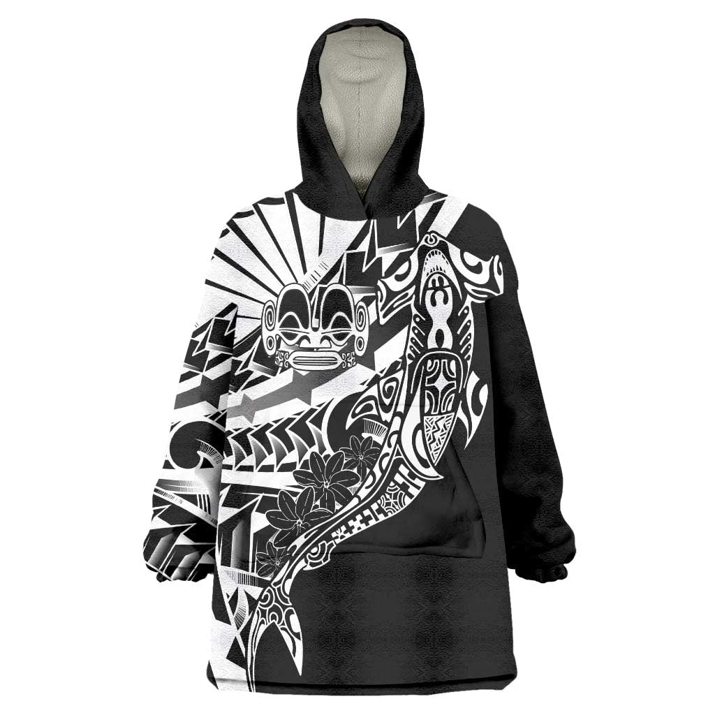 Black White Marquesas Islands Wearable Blanket Hoodie Marquesan Matatiki Hammerhead Shark Patutiki - Polynesian Pride