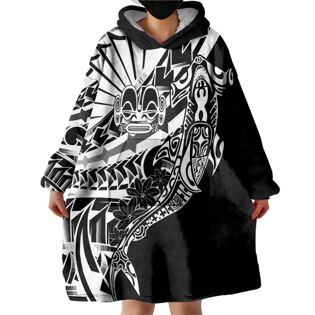 Black White Marquesas Islands Wearable Blanket Hoodie Marquesan Matatiki Hammerhead Shark Patutiki - Polynesian Pride