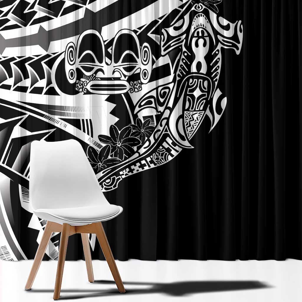 Black White Marquesas Islands Window Curtain Marquesan Matatiki Hammerhead Shark Patutiki - Polynesian Pride