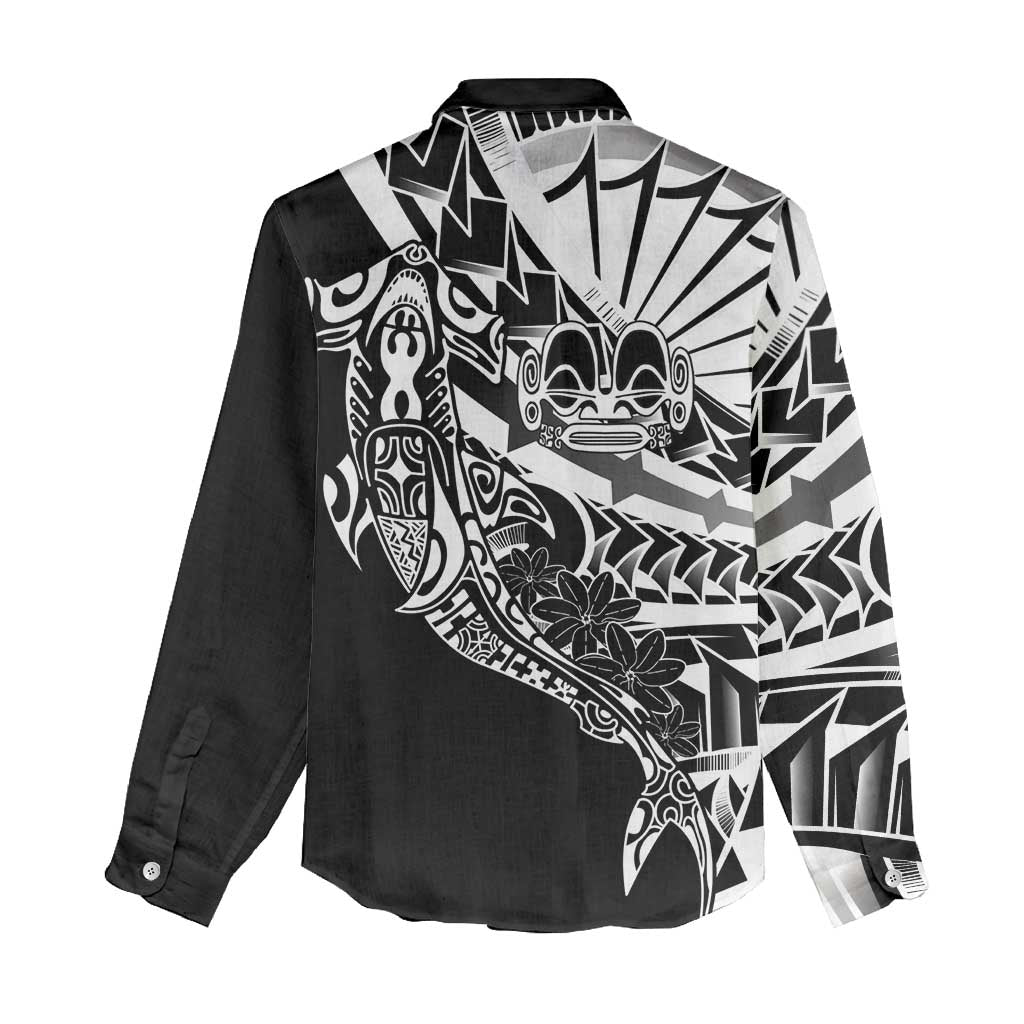 Black White Marquesas Islands Women Casual Shirt Marquesan Matatiki Hammerhead Shark Patutiki - Polynesian Pride