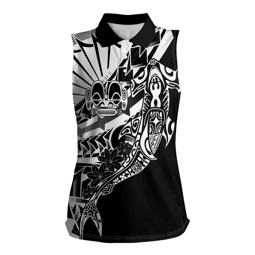 Black White Marquesas Islands Women Sleeveless Polo Shirt Marquesan Matatiki Hammerhead Shark Patutiki - Polynesian Pride